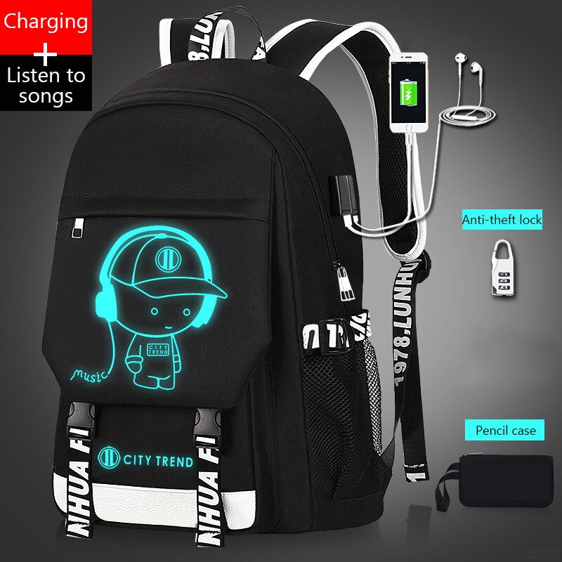 USB musique lumineux cartable unisexe pour adolescents sac à dos à sac d'école étudiant livre sac pour garçons filles: Photo color5