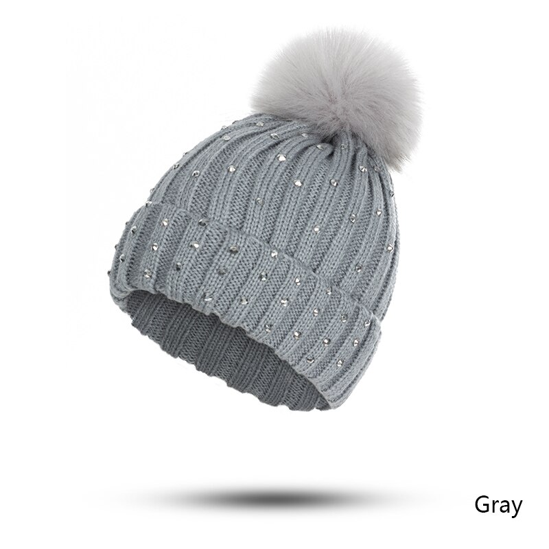 GROUPJUMP-Gorro con pompón de punto para niño, gorros, gorros para niña, gorros con diamantes de imitación, gorro para niño