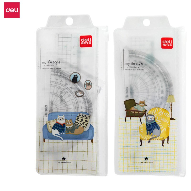 Deli 4pcs/set Transparent Straight Triangle Ruler Protractor Drafting Drawing School Office Supplies 79511