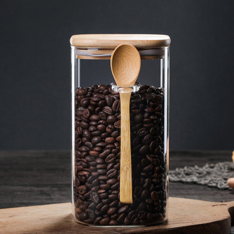 Burk glas kaffe lufttät matförvaring bönor krydda socker mjöl burkar behållare med lock och träslev  dc112