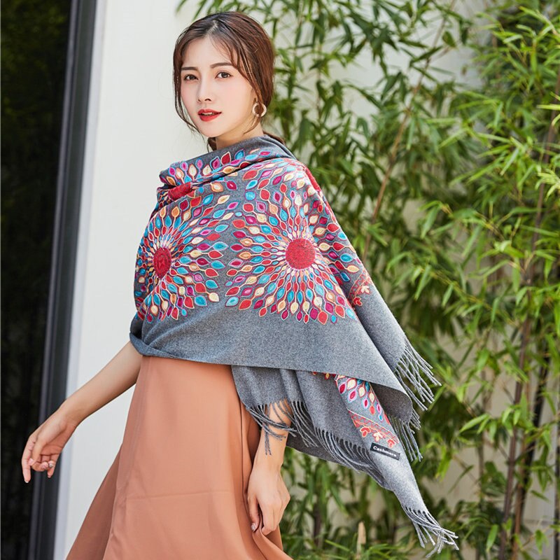 Vrouwen dikke kasjmier sjaals tibetaanse nepal zonnebloem sjaal borduurwerk kwast lange sjaal warme pashmina gebreide dames: 03