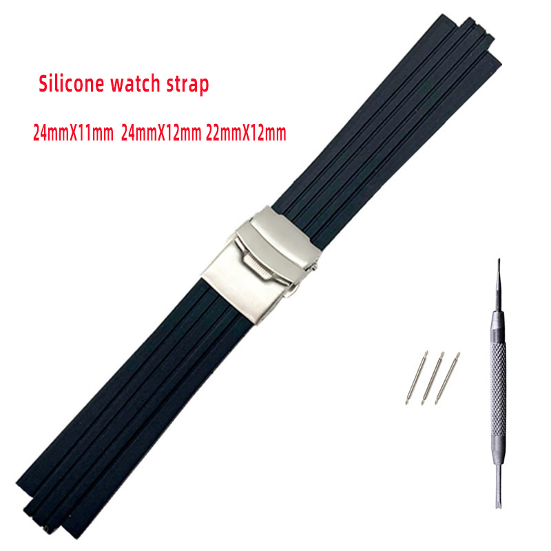Silikone urrem til oris aquis urrem konveks rem rustfrit stål sikkerhedsspænde håndledsrem sort 24mm x 11mm