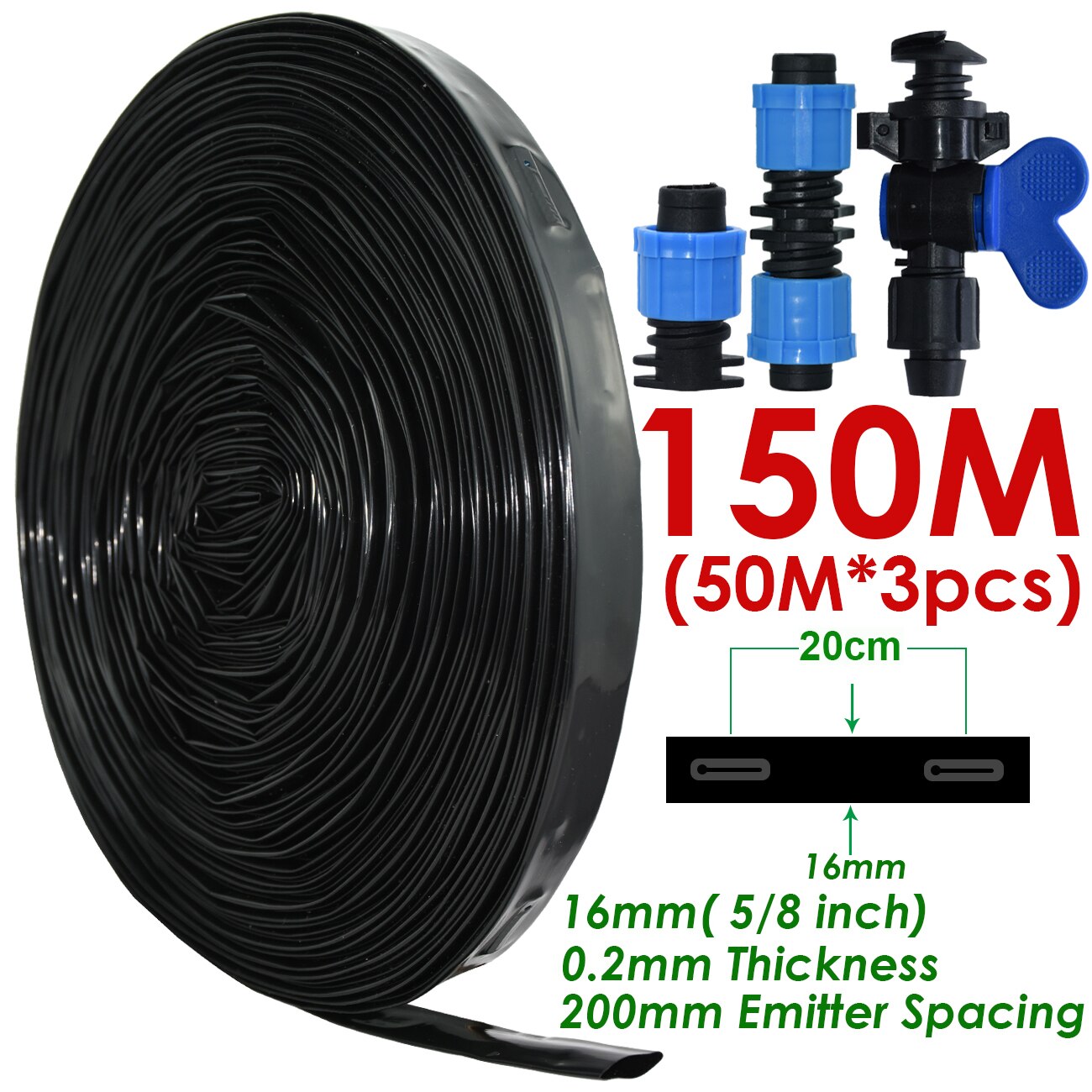 Ruban d'égouttement d'irrigation pour serre et jardin, 20-150m, 16mm, 8mil, 0.2mm, épaisseur 20cm, espacement de l'émetteur et du goutteur, 5/8 en effet, connecteur de tuyau: jaune clair