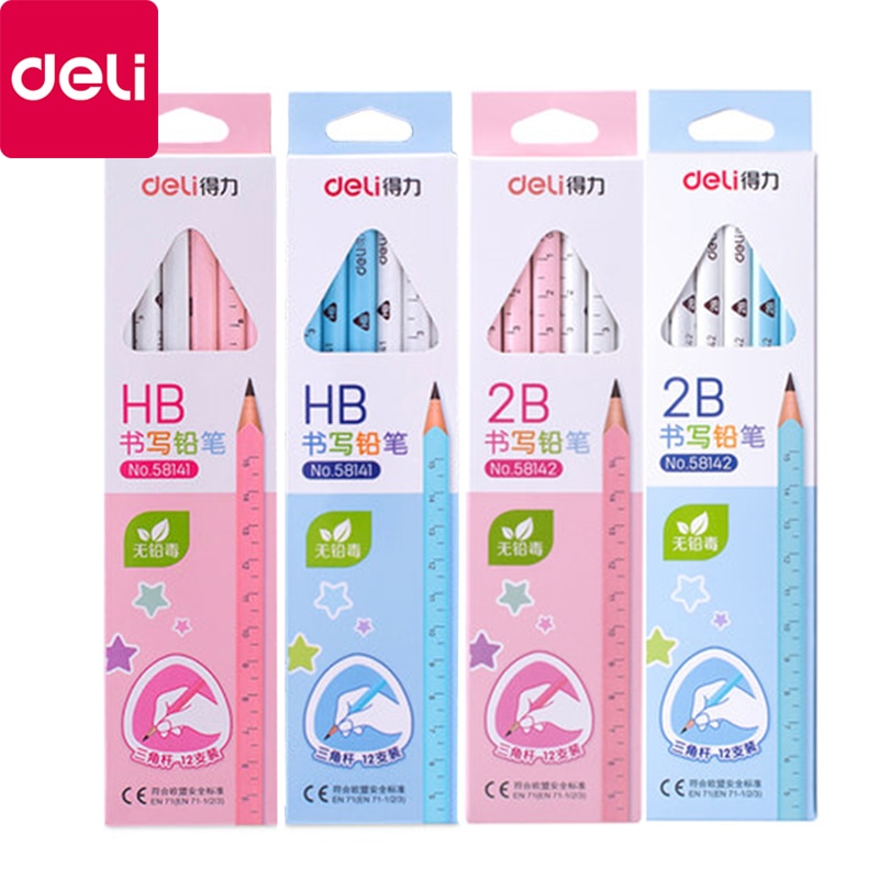 12 Pencils Deli Easy Grip Triangle Pen Pencil 2B/HB Primary School Children Stationery Wooden Lead Pencils School Supplies