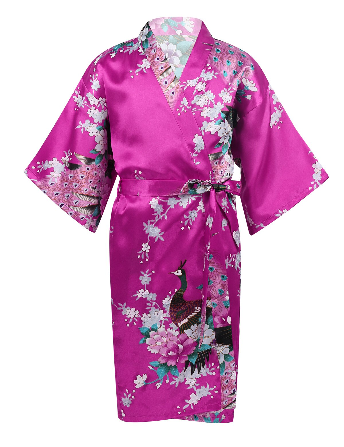 Blomma&påfågel kimono badrock barn flickor siden satin mjuk sovkläder sexig mini brud brudtärna bröllopsrock morgonrock: Rosröd / 14