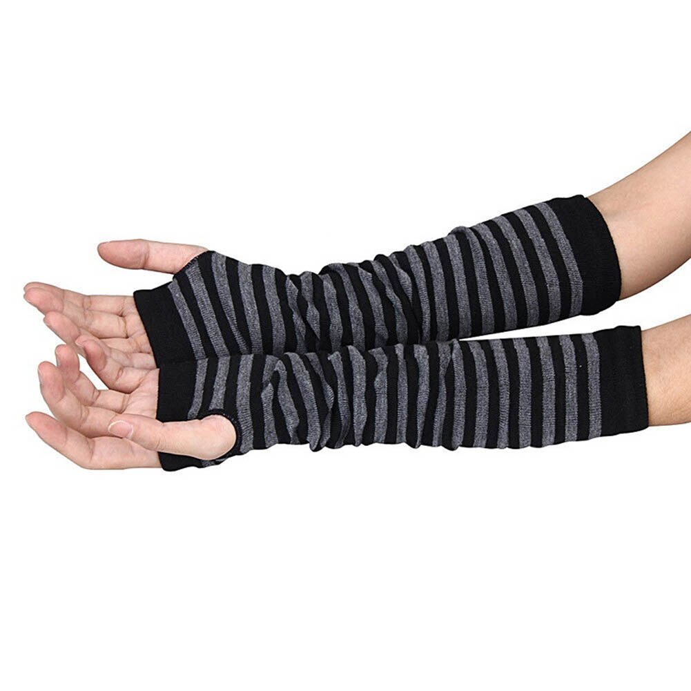 Kvinder lange ærmer stribede fingerløse handsker dame elastisk blød strikket håndled armvarmer  fs99: Sort og grå