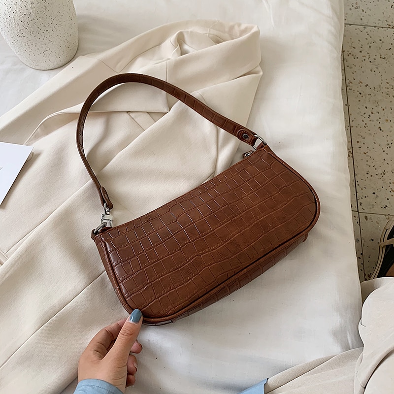 Stone Pattern Small Pu Leather Armpit Bag For Women Summer Chain Shoulder Bags Summer Handbags Female Travel Hand Bag: Brown