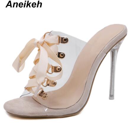 Aneikeh pvc dametøfler gennemsigtige rund tå sko slides snørebånd slip-on tynde hæle sorte abrikos pu str. 35-42: Abrikos / 8