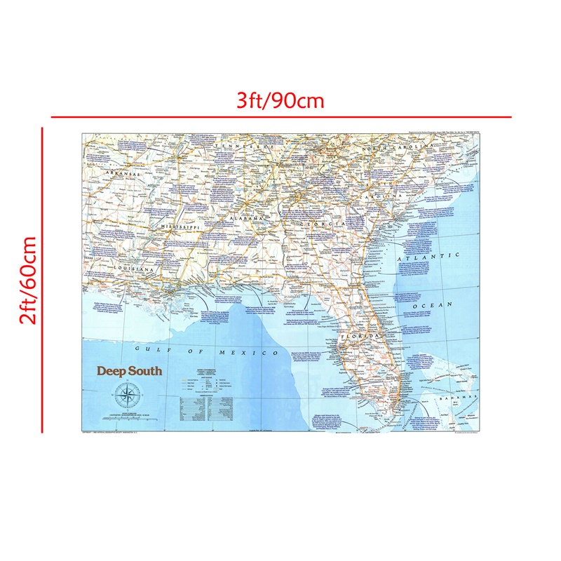 90*60cm The United States Deep South (1983) World Map Wall Sticker Spray World Map Posters and Print for Culture and Education
