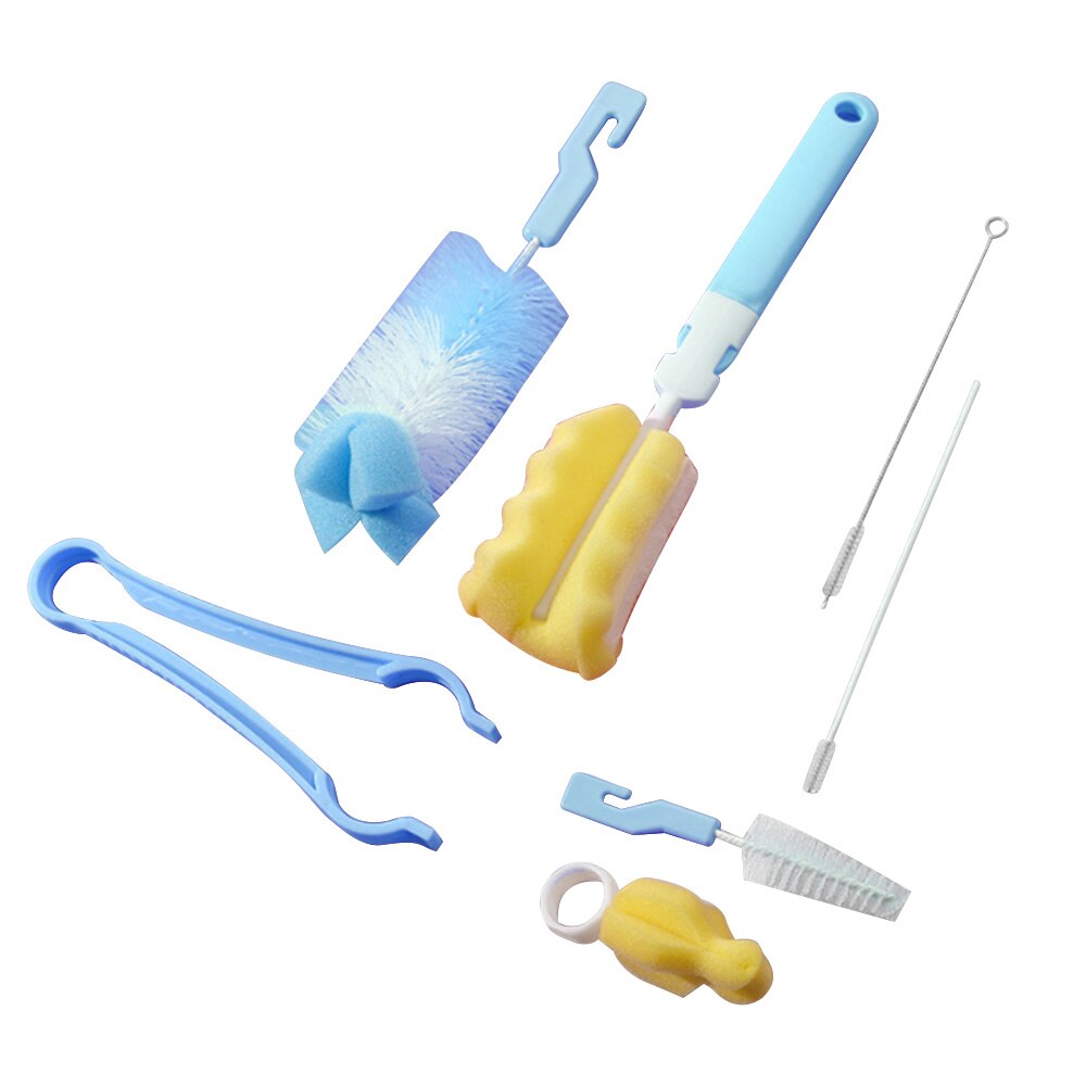 7 unidades/juego de brochas de lavado, esponja para botella de leche, utensilios con mango, tetina de tubo para niño pequeño, Juego de cepillos para taza de agua: Blue