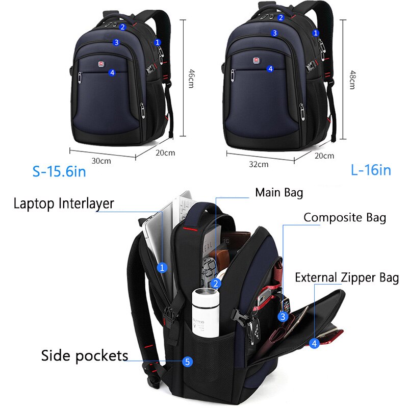 Mochila de negocios de 16 pulgadas para hombre, bolsa para ordenador portátil multifuncional, sencilla e informal, resistente al agua, mochila para estudiante de 4 capas