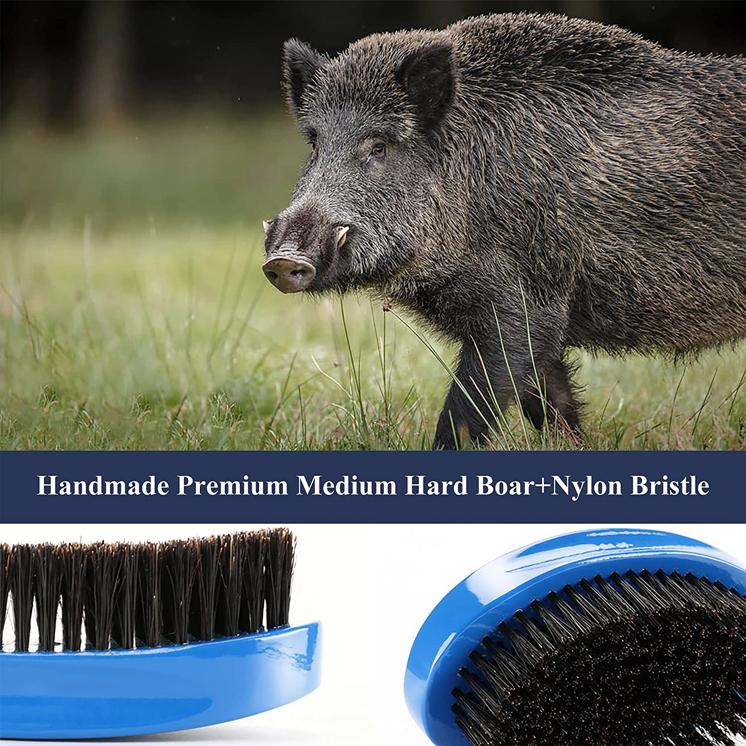 Blue 360 Wave Brush Afro Men's Comb Hair Brushes for Black Short Hair Wooden Handle Wild Boar Bristles Hard Medium