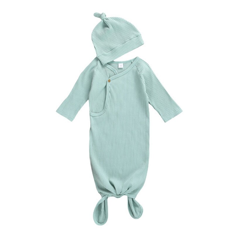 Peuter Baby Meisjes Jongens Geribbelde Slaapzak Katoen Solid Lange Mouwen Slapen Pocket + Elastische Hoed 0-3M nachtkleding 10 Kleuren: Mint Green