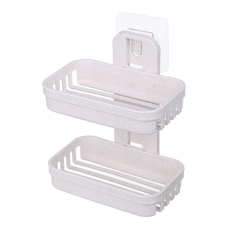 Soporte de plástico con ventosa para el baño, soporte de pared de doble cubierta, drenaje , almacenamiento de jabón, bastidores dobles, novedad: Beige