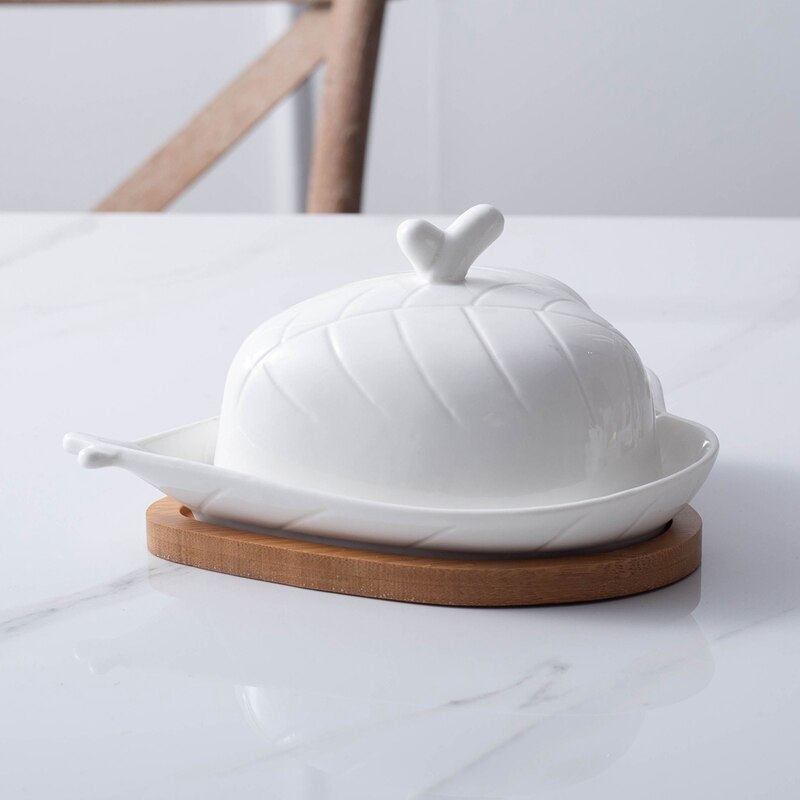 Leaf Butter Dish with Lid Ceramic Butter Keeper with Cover Large Porcelain Butter Container Kitchen Margarine Holder
