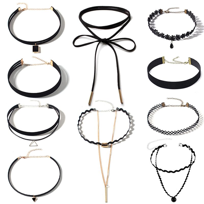 10 pcs colar conjunto preto veludo flanela pano gargantilhas pingente colares para charme moda feminina curto colares chocker jóias: Default Title