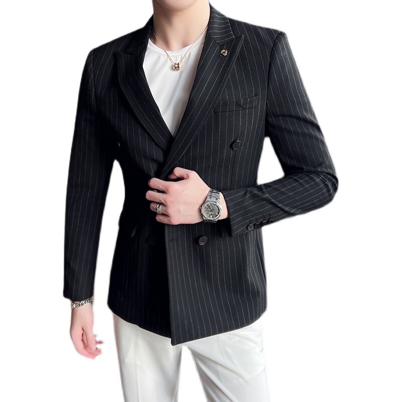 Black/Gray Mens Business Formal Suit Jacket Double Breasted Striped Blazer Mens British Style Slim Fit Casual Wedding Suit Coats