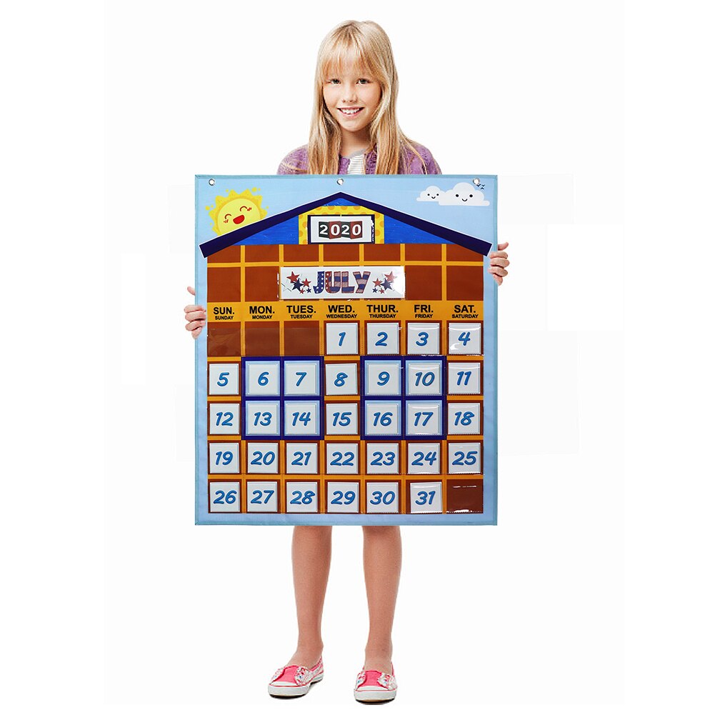27x 32 Inches Classroom Monthly Calendar Pocket Chart Date Day Season Weather Learning Chart With 37 Transparent Pocket Chart: Default Title
