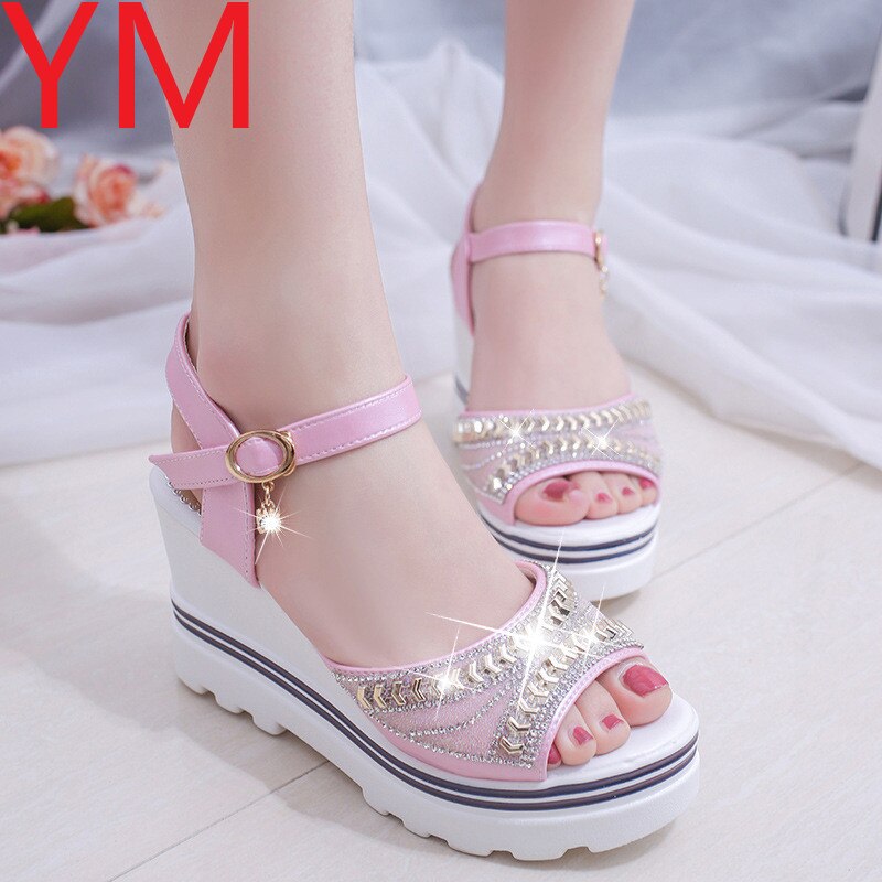 Rom kvinnor sandaler casual wedge sandaler sommar peep toe ankelrem med häl plattform pump kristall arbete kvinnor skor: Rosa / 38