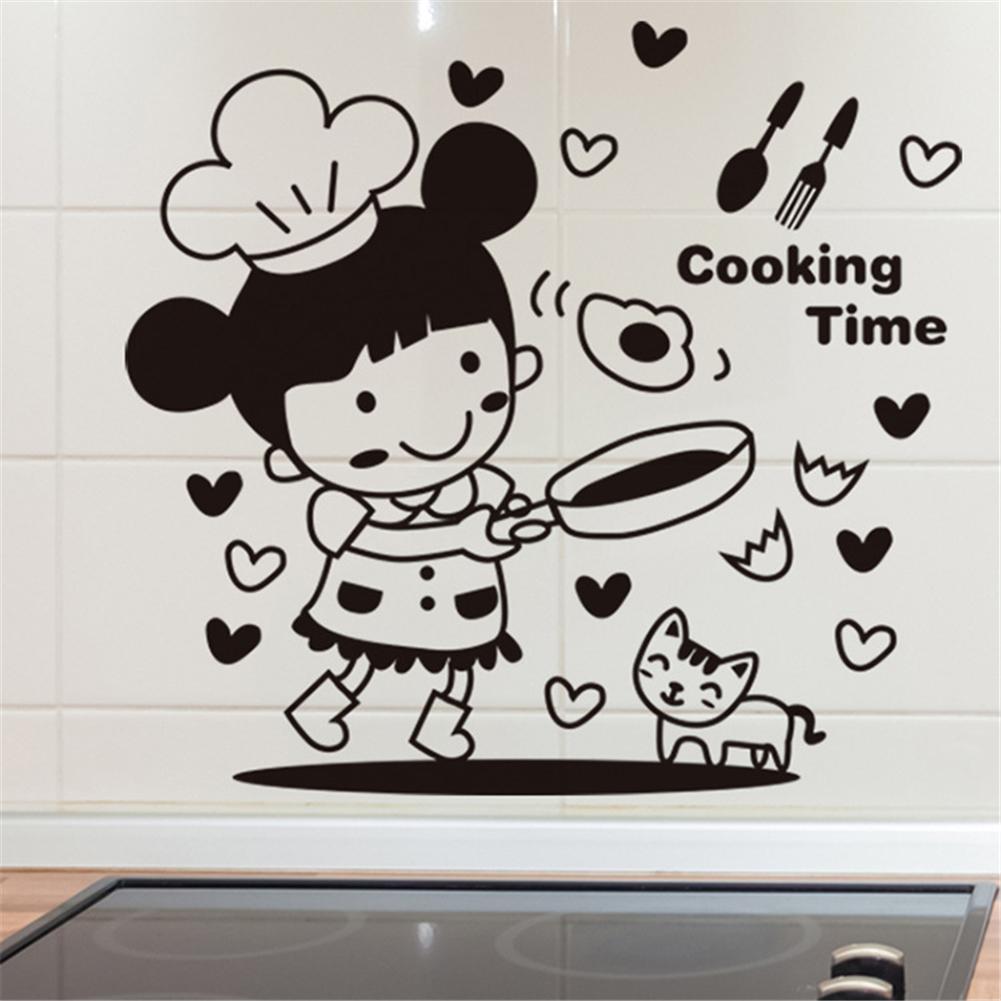Cartoon Cat Girl Chef Cooking Time Wall Sticker Restaurant Bar Kitchen Dining Room Fridge Light Switch Decal DIY Art Home Decor