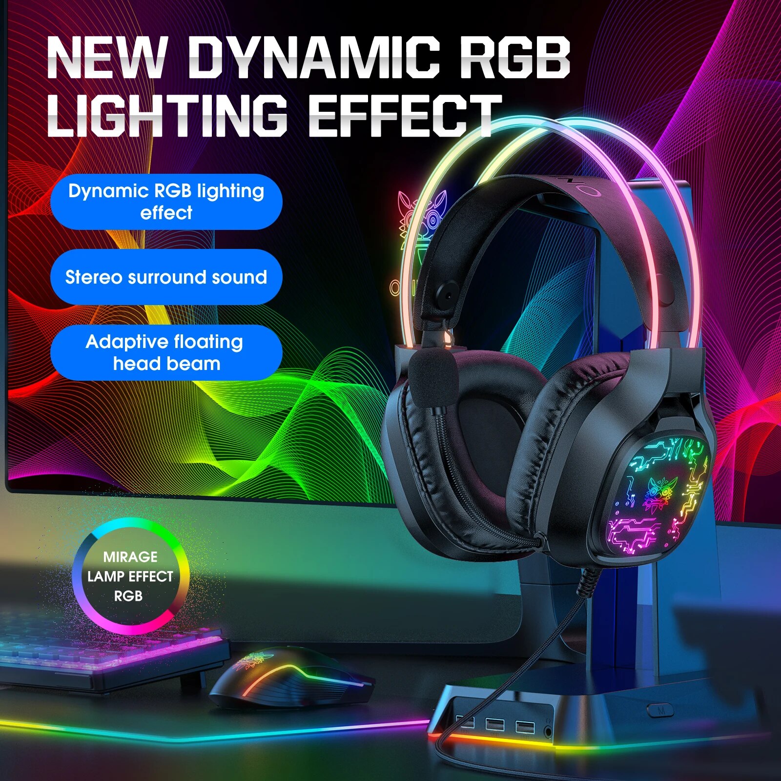 Onikuma profession elles Gaming-Headset mit kabel gebundener Over-Ear-Kopfhörer mit dynamischer RGB-Beleuchtung und geräusch unterdrücken dem Mikrofon-Stereo-Kopfhörer: Black