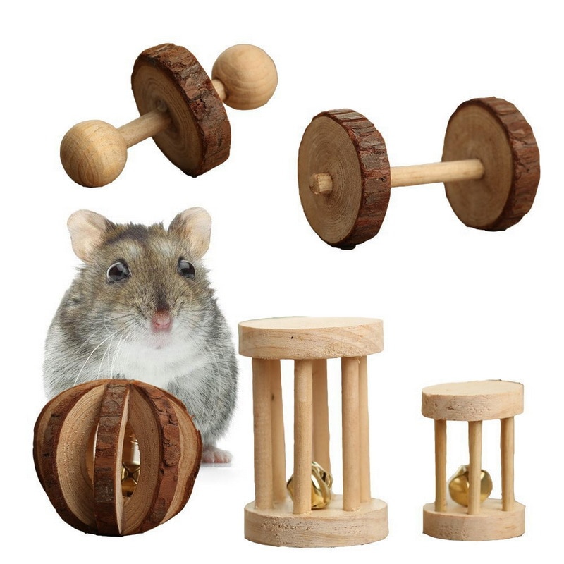 Cute Natural Wooden Rabbits Toys Pine Dumbbells Bicycle Bell Roller Chew Toys For Guinea Pigs Rat Small Pet Molars Supplies