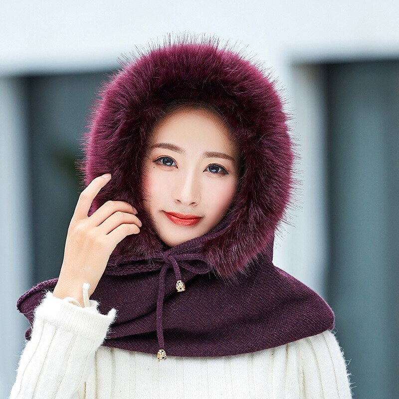 Adult Plus Velvet Hat Female Multi-Fuction Knitted Cashmere Hat Collar Set Winter Neck Warmer Hooded Earmuffs Warm Thickened
