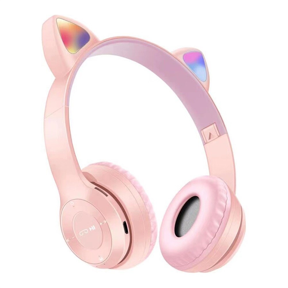 Cute Cat Ears Bluetooth Wireless Headphone With Mic Noise Cancelling Stereo Music Helmet Phone Headset Kid Girl: Pink