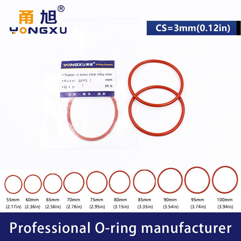 Red Silicon O-ring Silicone/VMQ CS3mm Thickness OD55/60/65/70/75/80/85/90/95/100*3mm O Ring Seal Rubber Gasket Washer Rings