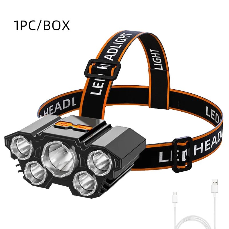 LED Strong Light Five Headed Outdoor Waterproof Fishing Light USB Rechargeable Ultra Bright Head Mounted Flashlight: Default Title
