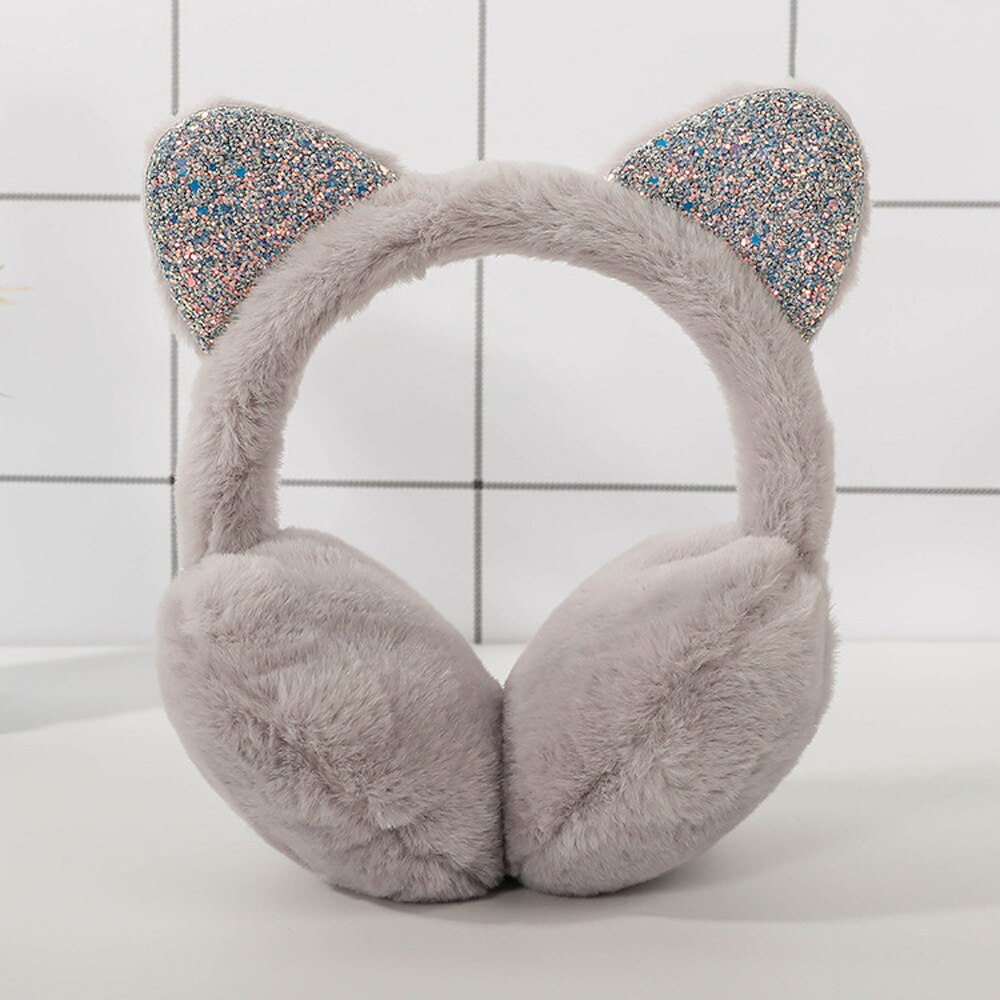 Orejeras de felpa con orejas de gato para niño, orejeras bonitas y cálidas para exteriores, de lentejuelas brillantes, suaves, diadema para niño, 6 colores: grey