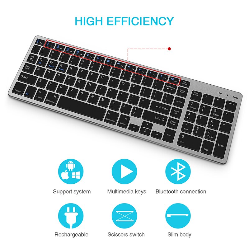 Jelly Comb-teclado inalámbrico Bluetooth delgado para tableta, portátil, Smartphone, iPad, teclado inalámbrico recargable con tecla numérica