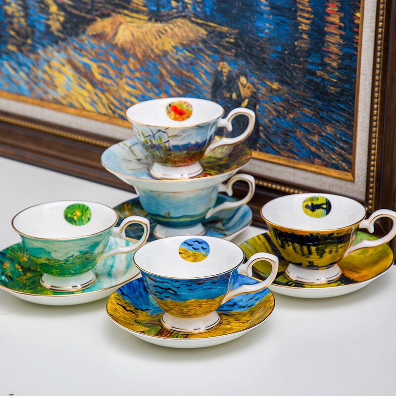 Juegos de té exquisitos pintados, tazas y platos de café Van Gogh, cerámica y negocios