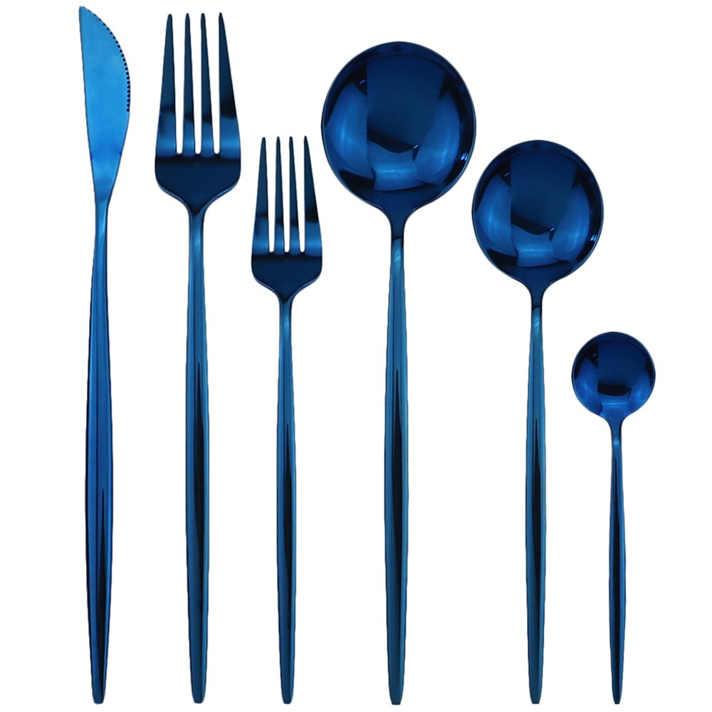 Guld bestick set köksbestick set 18/10 rostfritt stål servis set bestick servis set gaffel sked dessert set: 6 st blå