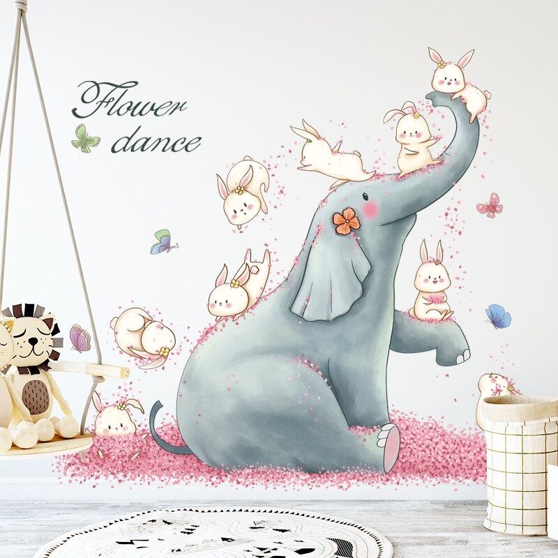 Cartoon Blauwe Olifant Met Leuke Konijntjes Muursticker Bloem Dans Behang Home Decor Voor Kid 'S Woonkamer Slaapkamer Muur muurschildering