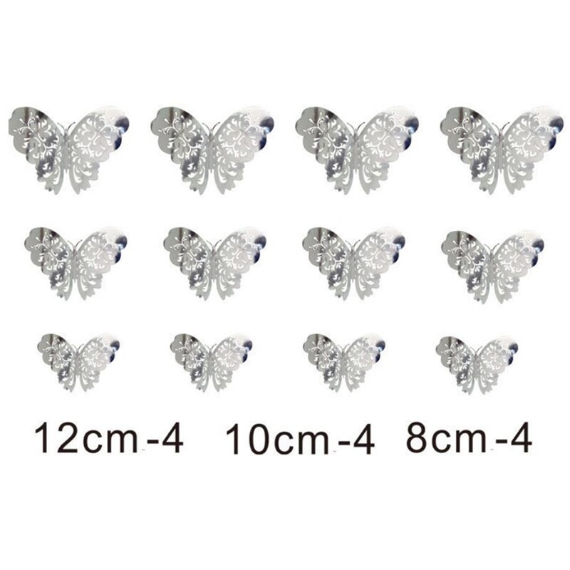 12pcs Multicolor Double Layer Wings 3D Butterfly Wall Sticker Magnet PVC Butterflies Party Kids Bedroom Fridge Decor: A silver