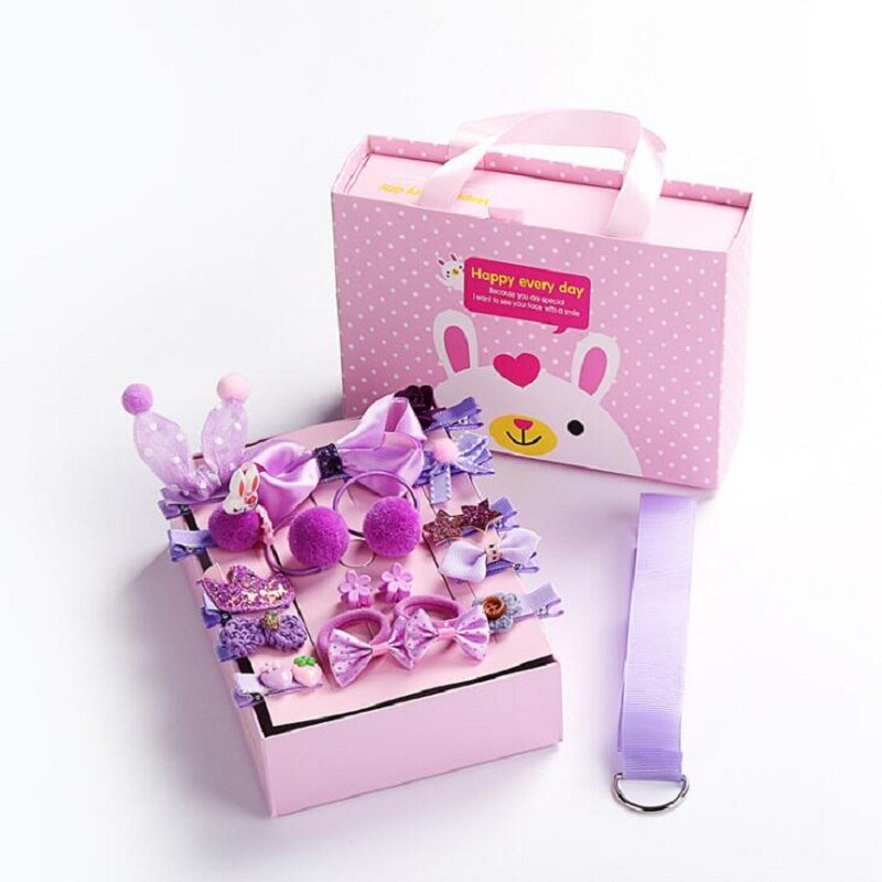 18 st baby hårklämma söt tecknad glitter kanin prinsessa krona hårspänne huvudbonad band rosett hårnålar blomma håraccessoarer: Lila låda 2