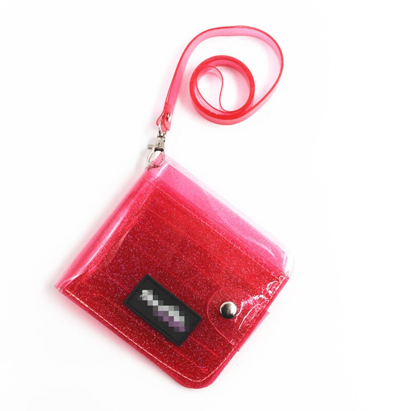 porte-carte d'identité Transparent PVC pliant court portefeuille femmes fille cartes de visite porte-monnaie avec lanière: Rose red