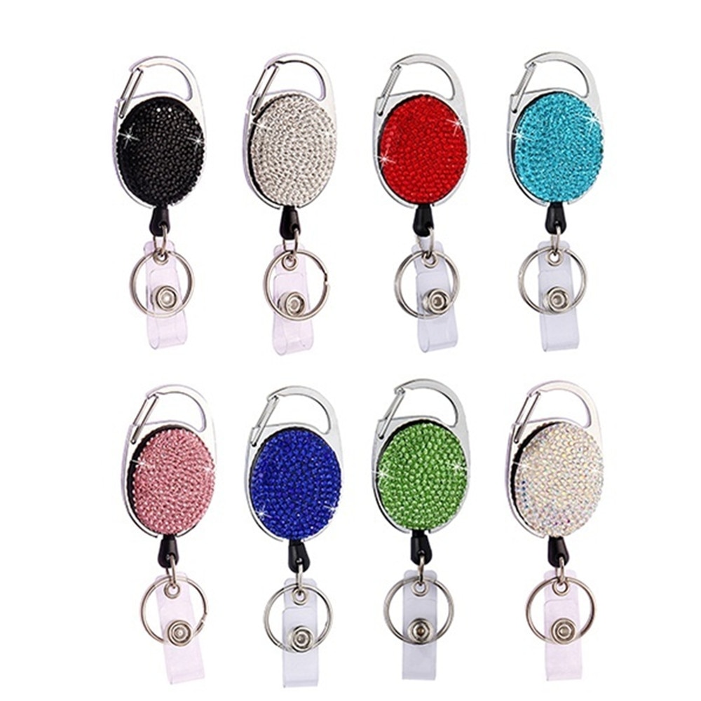 1Pc Shiny Intrekbare Reel Clip Diamant Badge Houder Id Card Key Ring Carabine Veerkracht Duurzaam Draagbare Riem Clips Roestvrij