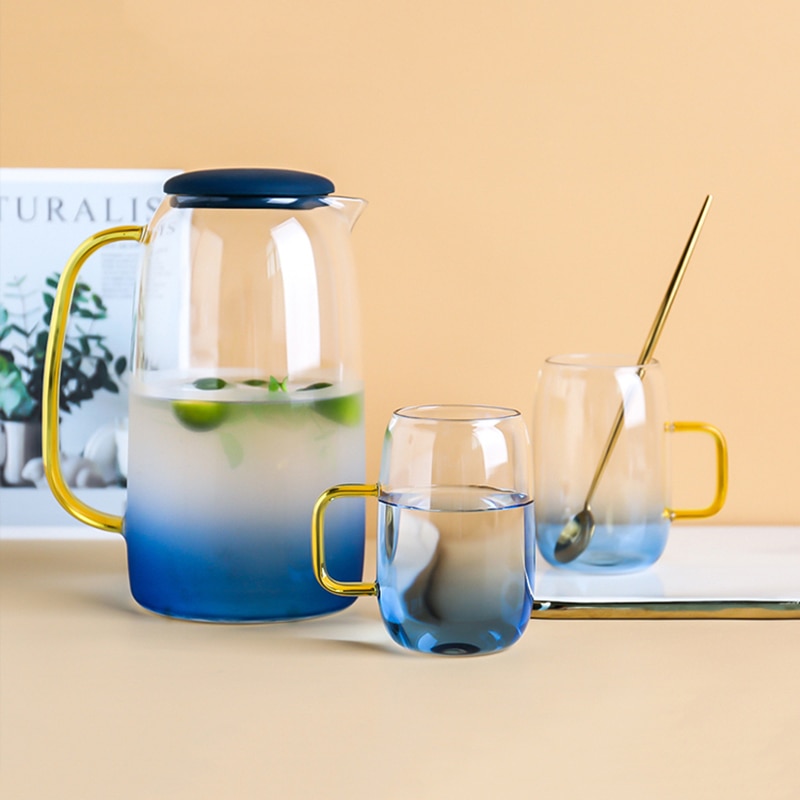 Nieuw Blauw Gradiënt Kleur Marmer Koud Water Glazen Fles Set Hittebestendige Glazen Pot Waterkoker
