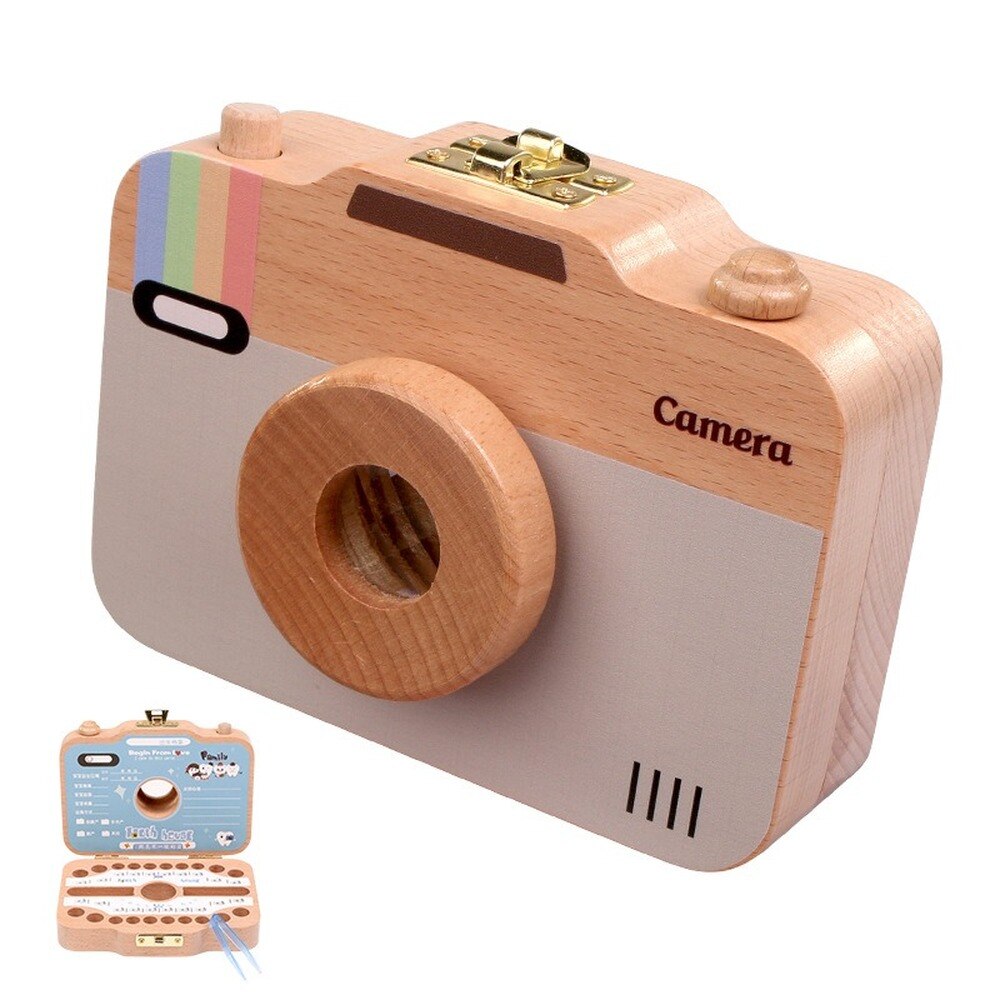 Wooden Baby Teeth Box Baby Tooth Keepsake Box Camera Shaped Wooden Container Storage Teeth Kids Tandendoosje Caja Dient: Polaroid English