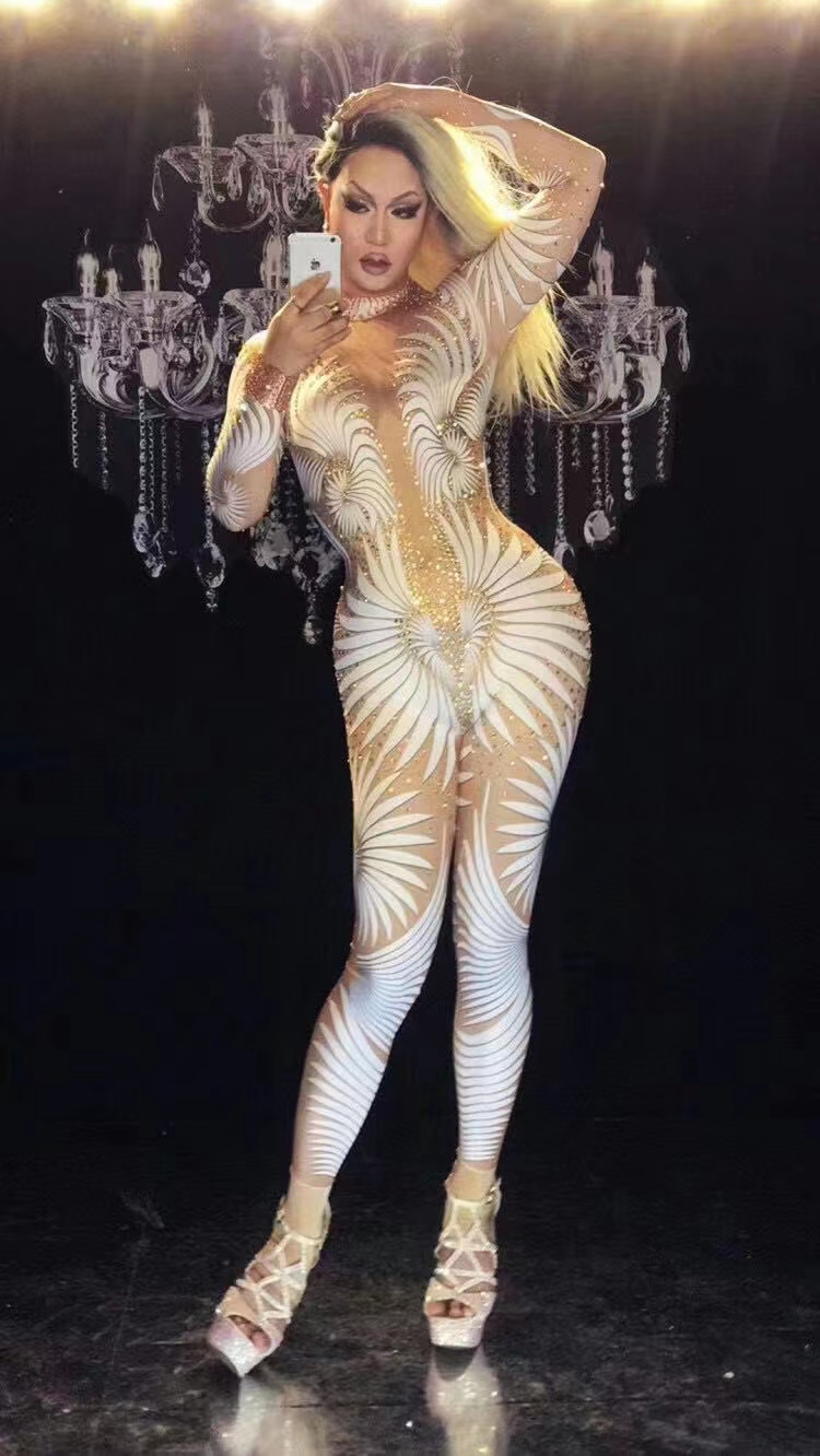 Women Dance Performance Costume Female Stage Wear Party Nightclub Outfit Sparkly Rhinestones Jumpsuit: WHITE
