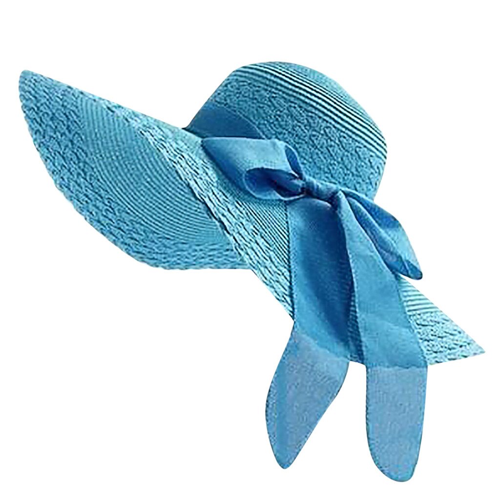 Sombreros de paja tejida para mujer, sombreros de ala ancha y flexible, sombrero de playa informal, Sombrero con lazo, gorras de Color liso para mujer: Azul cielo