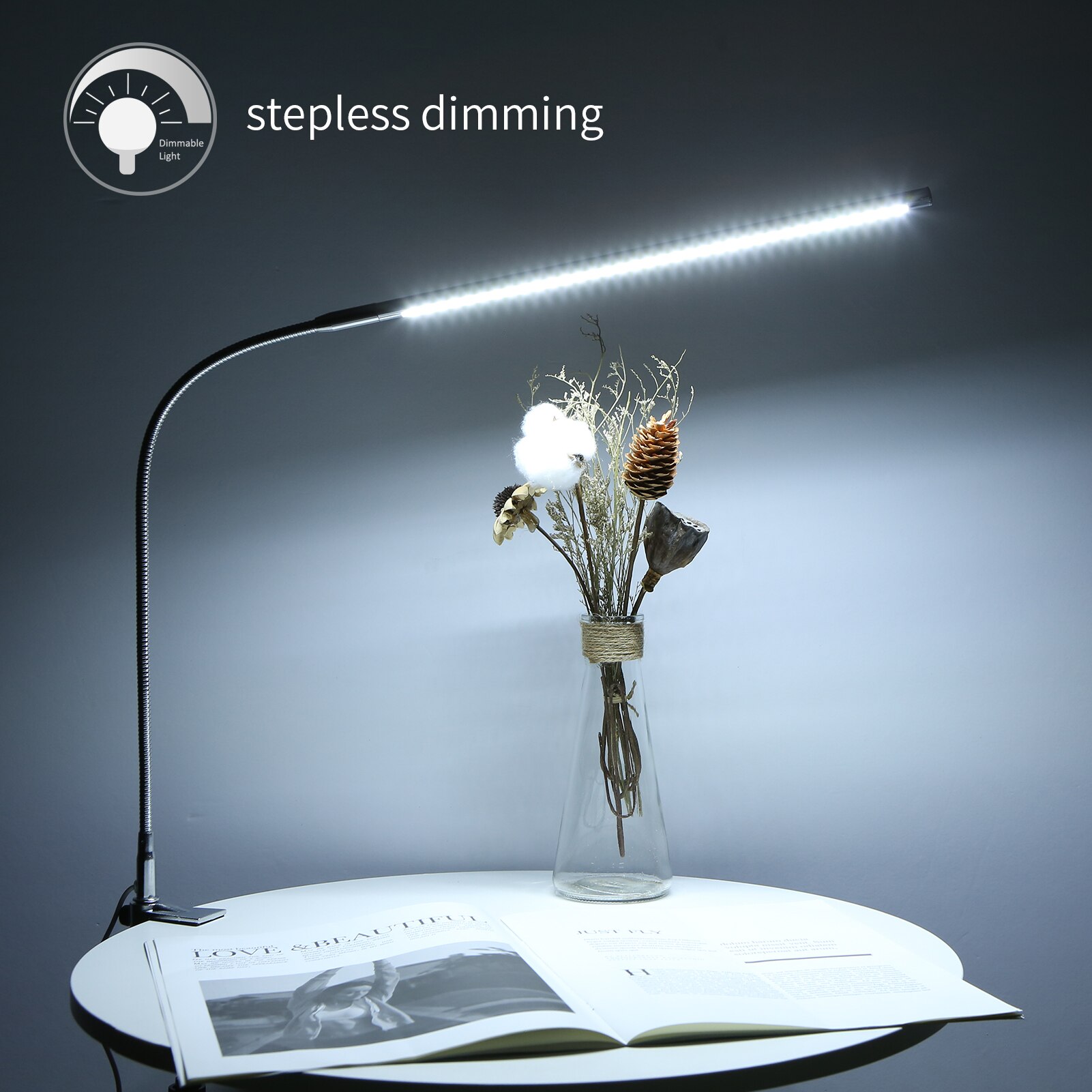 Dæmpbar usb clip-on skrivebordslampe hvid belysning rørende kontrol bordlampe led læselys fleksibel til seng sengegavl arbejdsbord