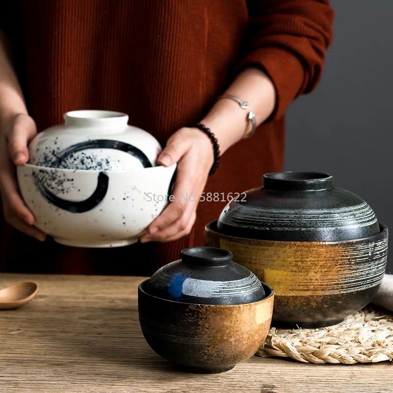 4.5/6.5 Inch Japanese Style Ceramic Dessert Stew Pot Noodle Soup Ramen Bowl Household Rice Bowl With Lid Dinnerware Set