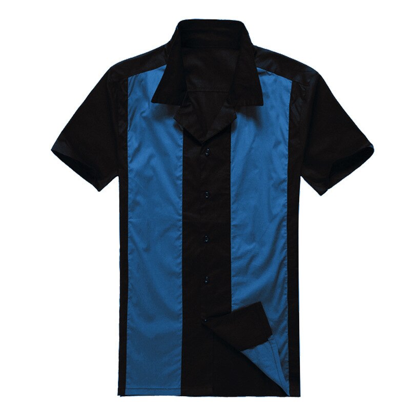 Plus Größe männer 50 s Mens Bowling Kleid Hemden Kurzarm Patchwork Rockabilly Stil lässig Baumwolle Bluse Männliche Kleidung: Blau / L