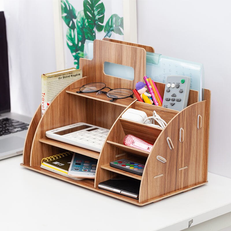 Wood Desk Organizer Office Bureau Pen Holder Wooden Sorter with Drawer Organizer Pen Pencil Organizer: Brown