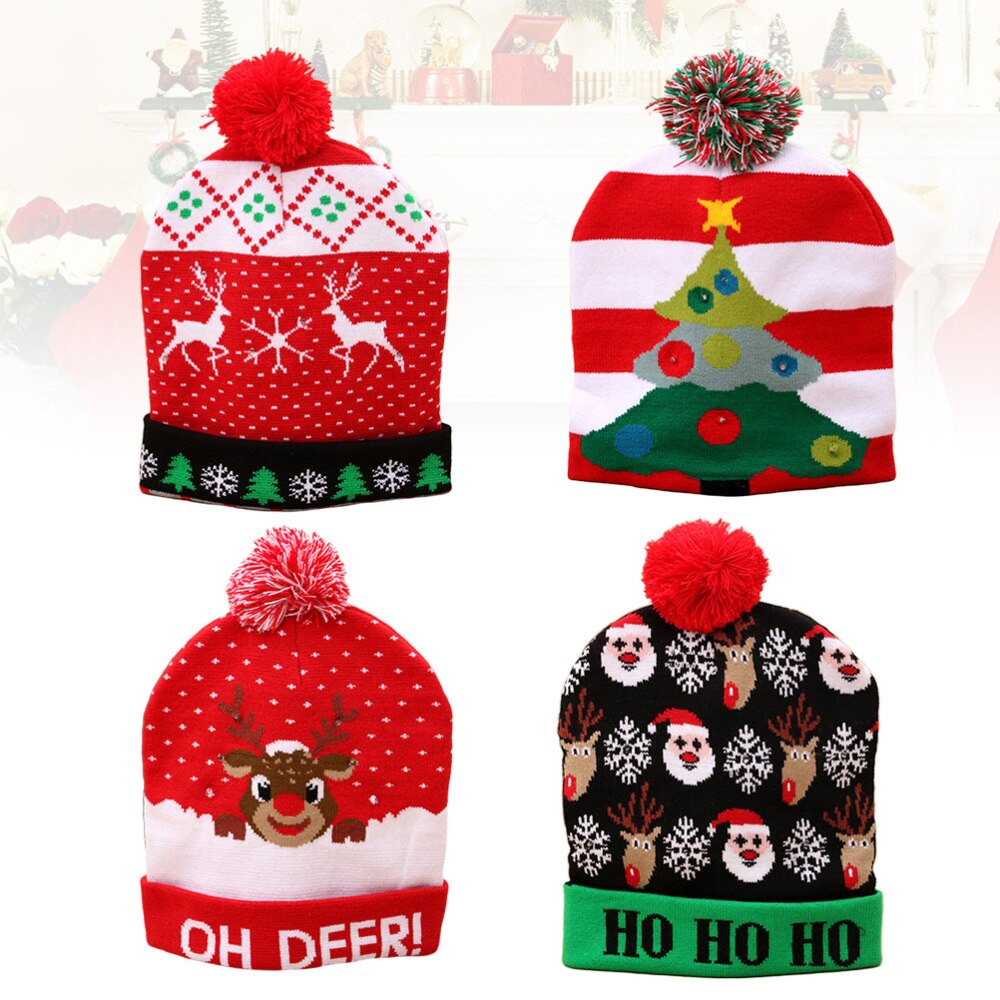 4PCS Luminous Knitted Beanie Hat Glowing Santa Hat Gleamy Knitted Cap Flash Christmas Hat for Adults Children Party Decor