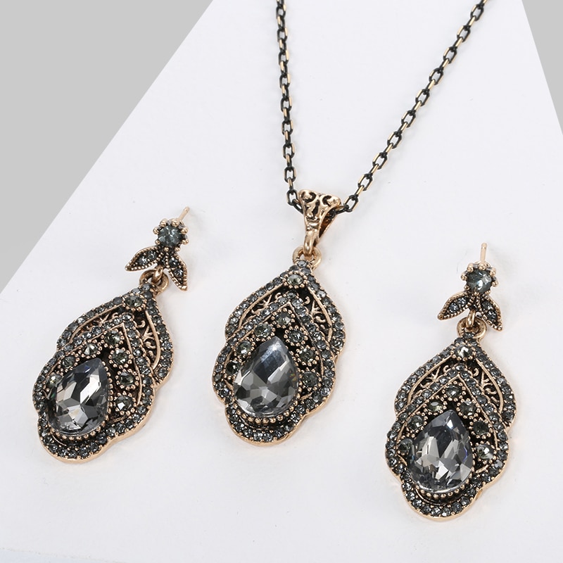 Kinel Luxe Grijs Crystal Flower Earring Ketting Voor Vrouwen Vintage Sieraden Sets Antieke Gold Turkse Strass Bruiloft Sieraden