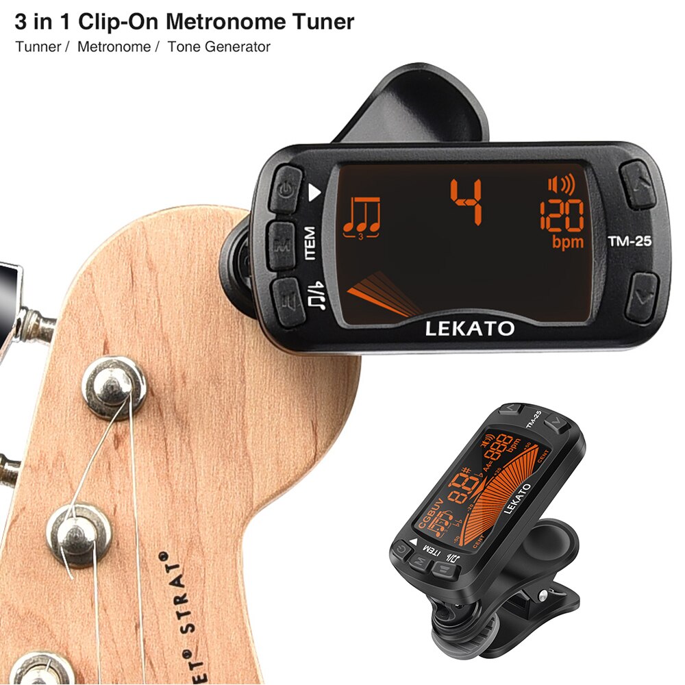 LEKATO Clip en afinador de guitarra metrónomo 3 en 1 afinador metrónomo eléctrico ukelele sintonizador para instrumento Musical